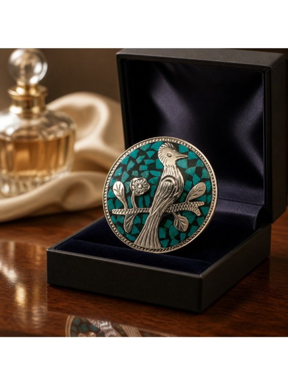 Mexican Sterling Silver & Turquoise Inlay Bird Brooch Pin In Gift Box